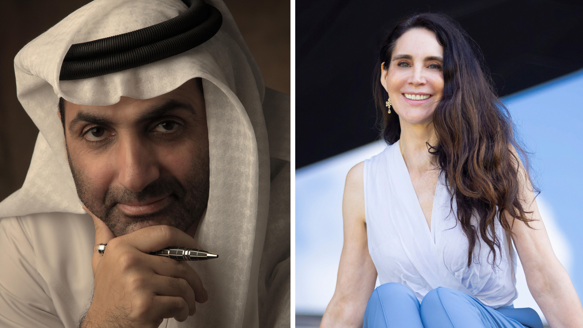 Split image: On the left, a man in a white kandura and headscarf holds a pen to his chin, looking thoughtful. On the right, a smiling woman with long brown hair wears a sleeveless light blue blouse, sitting outdoors against a blue sky.