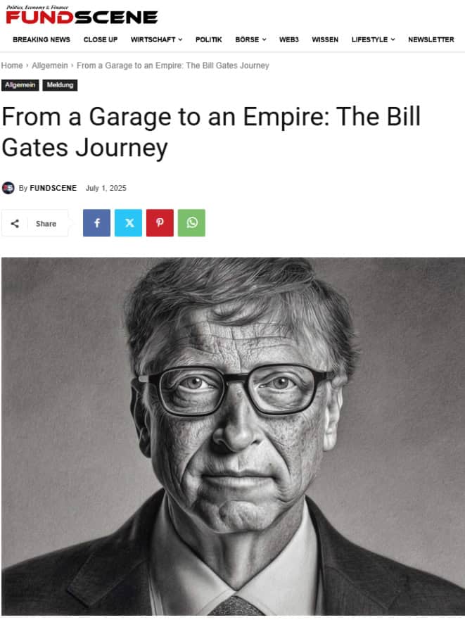 Black and white portrait of Bill Gates – founder of Microsoft, representing the journey from a garage startup to a global tech empire.