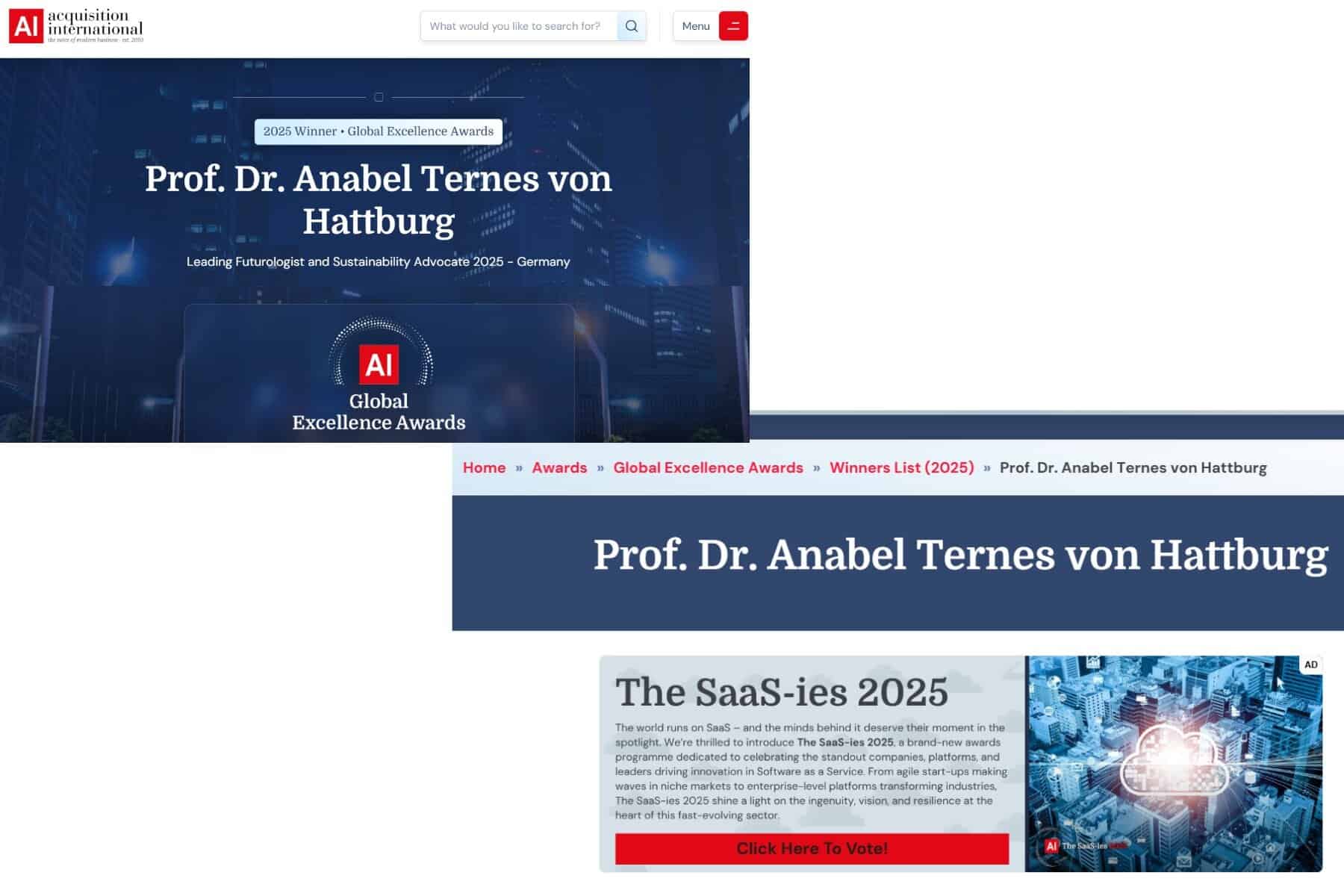 Image of the Acquisition International website announcing Prof. Dr. Anabel Ternès von Hattburg as a winner of the "2025 Global Excellence Awards" and her recognition in the "SaaS-ies 2025" program.