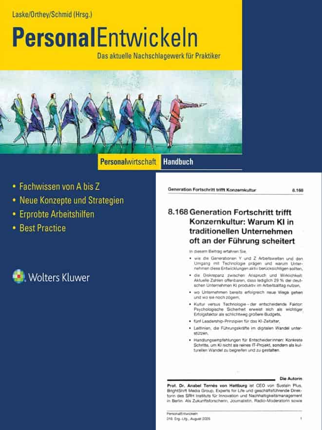 Umschlag des Nachschlagewerks „Personal Entwickeln“, Ausgabe August 2025, mit einem Artikel von Prof. Dr. Anabel Ternès von Hattburg zum Thema „Generation Fortschritt trifft Konzernkultur: Warum KI in traditionellen Unternehmen oft an der Führung scheitert“