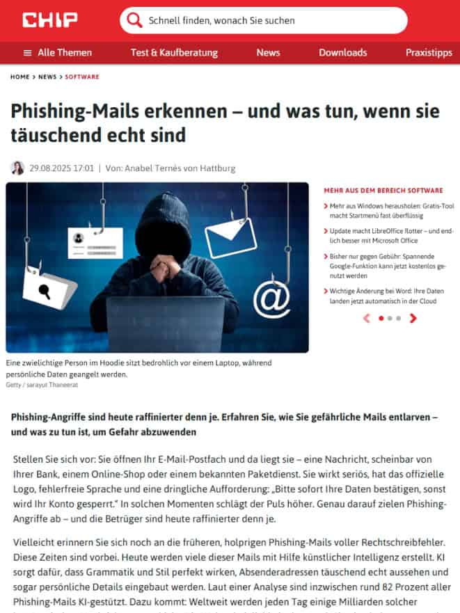Artikelbild zum Beitrag „Phishing-Mails erkennen – und was tun, wenn sie täuschend echt sind“ von Prof. Dr. Anabel Ternès von Hattburg auf CHIP.de – zeigt eine vermummte Person am Laptop, umgeben von Symbolen für E-Mail und Datendiebstahl, als visuelle Warnung vor Cyberkriminalität.
