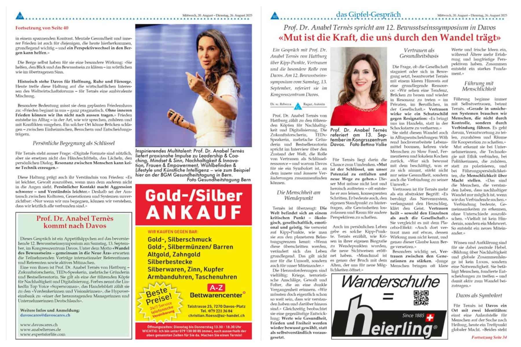Zeitungsartikel mit Prof. Dr. Anabel Ternès über ihre Teilnahme am 12. Bewusstseinssymposium in Davos, in dem sie über Führung mit Menschlichkeit, Wandel, Vertrauen und mentale Gesundheit spricht – erschienen in der GZ Gesundheit im August 2025. Das Bild zeigt sie als Keynote Speakerin auf der Bühne sowie in einem Porträtfoto mit Veranstaltungshinweisen.