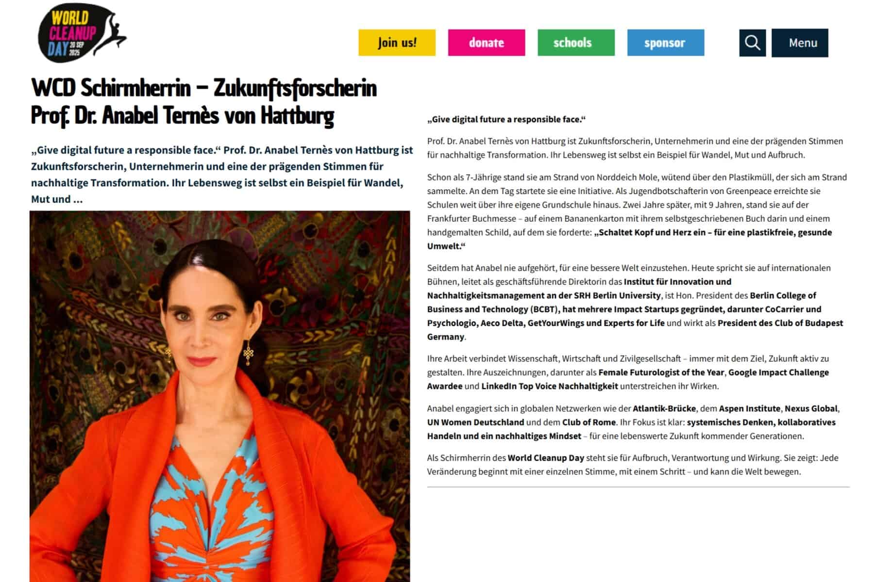 Porträt von Prof. Dr. Anabel Ternès von Hattburg als Schirmherrin des World Cleanup Day 2025 – renommierte Zukunftsforscherin, Nachhaltigkeitsexpertin und Gründerin mehrerer Impact-Startups. Das Bild begleitet ihren Artikel über systemisches Denken, verantwortungsvolle Digitalisierung und ihren Einsatz für eine plastikfreie, gesunde Umwelt.