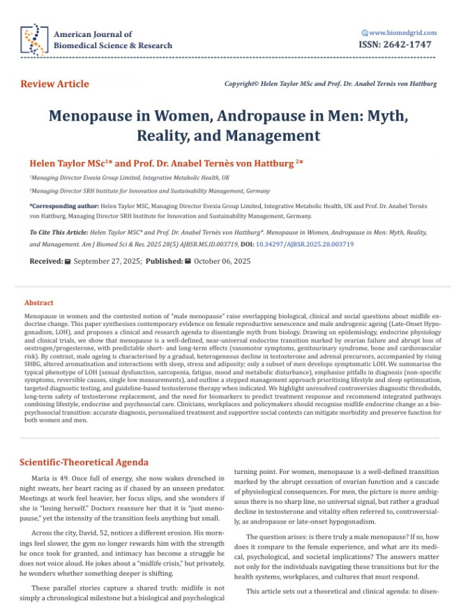 Scientific journal article co-authored by Prof. Dr. Anabel Ternès von Hattburg on 'Menopause in Women, Andropause in Men: Myth, Reality, and Management,' published in the American Journal of Biomedical Science & Research, exploring hormonal transitions, gender-specific health challenges, and evidence-based treatment approaches.