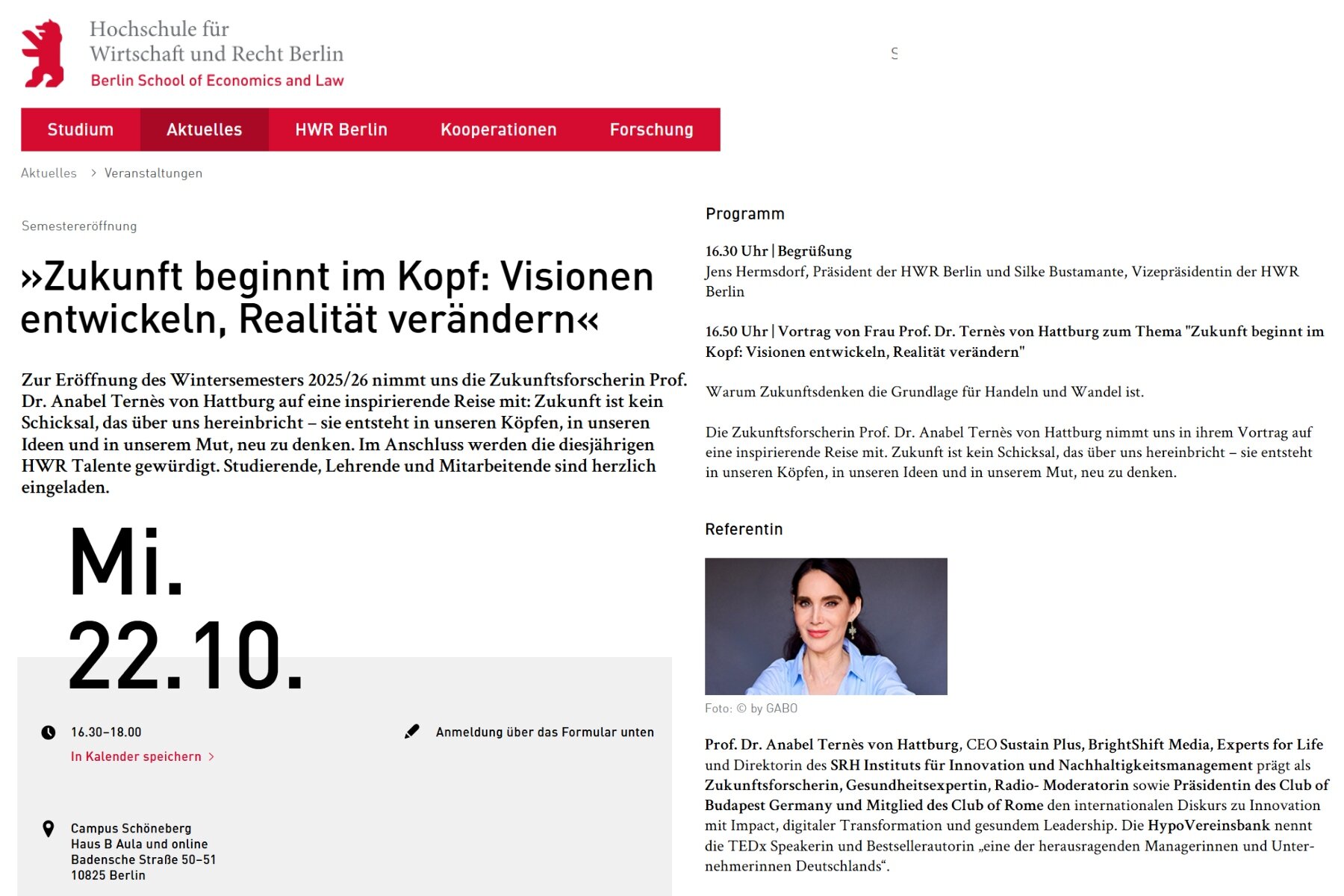 Prof. Dr. Anabel Ternès von Hattburg spricht bei der Semestereröffnung der HWR Berlin 2025 über nachhaltige Digitalisierung, Innovationskultur und die Rolle junger Talente in einer resilienten Gesellschaft.