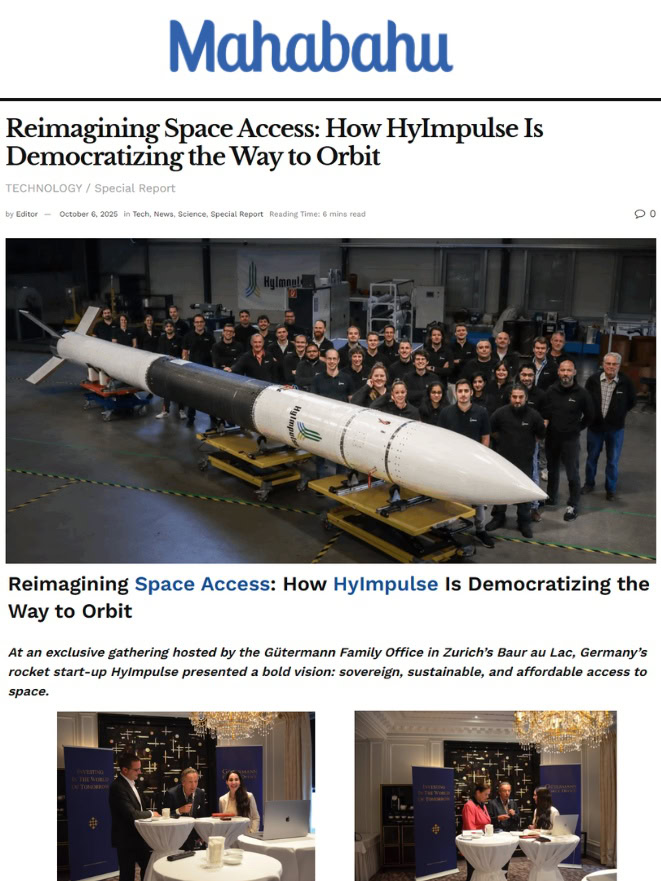 Prof. Dr. Anabel Ternès von Hattburg speaking at the Gütermann Family Office event in Zurich, highlighting HyImpulse’s vision for affordable and sovereign access to space – part of Mahabahu’s coverage on democratizing space travel with German rocket startup HyImpulse.